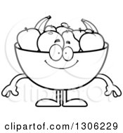 Lineart Clipart Of A Cartoon Black And White Happy Fruit Bowl Character Smiling Royalty Free Outline Vector Illustration by Cory Thoman