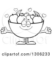 Poster, Art Print Of Cartoon Black And White Loving Fruit Bowl Character Wanting A Hug With Open Arms And Hearts