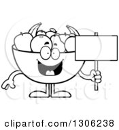 Cartoon Black And White Happy Fruit Bowl Character Holding A Blank Sign