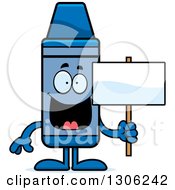 Poster, Art Print Of Cartoon Happy Blue Crayon Character Holding A Blank Sign