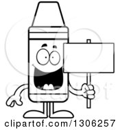 Poster, Art Print Of Cartoon Black And White Happy Crayon Character Holding A Blank Sign