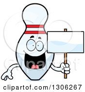 Poster, Art Print Of Cartoon Happy Bowling Pin Character Holding A Blank Sign