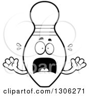 Lineart Clipart Of A Cartoon Black And White Scared Bowling Pin Character Screaming Royalty Free Outline Vector Illustration by Cory Thoman