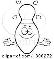 Lineart Clipart Of A Cartoon Black And White Loving Bowling Pin Character Wanting A Hug With Open Arms And Hearts Royalty Free Outline Vector Illustration by Cory Thoman