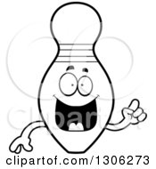 Lineart Clipart Of A Cartoon Black And White Happy Smart Bowling Pin Character With An Idea Royalty Free Outline Vector Illustration by Cory Thoman