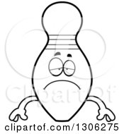 Lineart Clipart Of A Cartoon Black And White Sad Depressed Bowling Pin Character Pouting Royalty Free Outline Vector Illustration by Cory Thoman