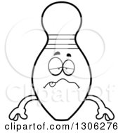 Lineart Clipart Of A Cartoon Black And White Sick Or Drunk Bowling Pin Character Royalty Free Outline Vector Illustration by Cory Thoman
