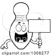 Lineart Clipart Of A Cartoon Black And White Happy Bowling Pin Character Holding A Blank Sign Royalty Free Outline Vector Illustration by Cory Thoman