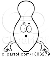 Lineart Clipart Of A Cartoon Black And White Surprised Bowling Pin Character Gasping Royalty Free Outline Vector Illustration