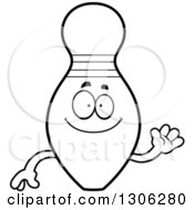 Lineart Clipart Of A Cartoon Black And White Friendly Bowling Pin Character Waving Royalty Free Outline Vector Illustration by Cory Thoman