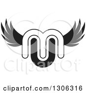Clipart Of An Abstract Black And White Alphabet Letter MU Winged Logo Royalty Free Vector Illustration