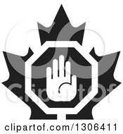 Clipart Of A Black And White Hand Stop Sign Over A Maple Leaf Royalty Free Vector Illustration