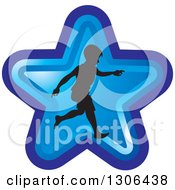 Poster, Art Print Of Black Silhouetted Boy Running In A Blue Star