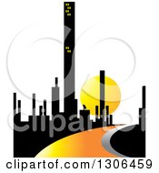 Poster, Art Print Of City Of Skyscrapers And An Orange Road Or River Against A Sunset