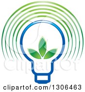 Poster, Art Print Of Gradient Blue Light Bulb With Green Leaves And Glow Arches