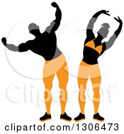 Poster, Art Print Of Posing Silhouetted Female And Male Bodybuilders In Black And Orange