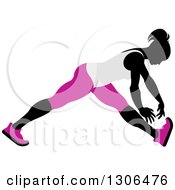 Poster, Art Print Of Black Silhouetted Woman In Pink And White Stretching And Reaching For Her Toes