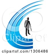Clipart Of A Black Silhouetted Businessman And Blue Swooshes Royalty Free Vector Illustration by Lal Perera