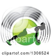 Poster, Art Print Of Black Silhouetted Woman In Green And White Exercising With A Ball Over A Circle And Silver Arches
