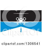 Clipart Of An Airplane Over A Runway In Blue Black And White Royalty Free Vector Illustration by Lal Perera