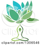 Green And Blue Water Lily Lotus Flower And Meditating Person