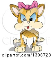 Clipart Of A Cartoon Blue Eyed Female Ginger Cat Sitting And Wearing A Pink Bow Royalty Free Vector Illustration