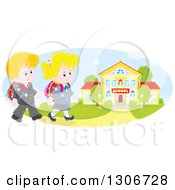 Cartoon Happy Caucasian School Children Walking To A Building