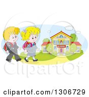 Cartoon Happy White School Children Walking To A Building