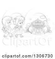 Poster, Art Print Of Cartoon Black And White Happy School Children Walking To A Building