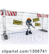 Poster, Art Print Of 3d Blue Android Robot Construction Worker Gesturing To Stop In Front Of A Barrier