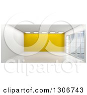 Poster, Art Print Of 3d Empty Room Interior With Floor To Ceiling Windows Ceiling Lights And A Yellow Feature Wall