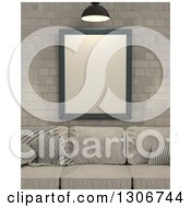 Poster, Art Print Of 3d Beige Sofa And Blank Frame Against A Brick Wall