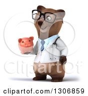 Clipart Of A 3d Happy Bespectacled Brown Bear Doctor Or Veterinarian Facing Slightly Left And Holding A Piggy Bank Royalty Free Illustration
