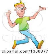 Cartoon Happy Blond White Man Walking And Inviting For You To Follow