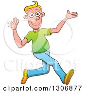 Clipart Of A Cartoon Happy Blond White Man Walking And Inviting For You To Follow Royalty Free Vector Illustration by Zooco