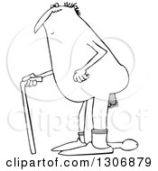 Cartoon Black And White Chubby Old Nude Man Walking With A Cane And Dragging His Weiner