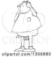 Cartoon Black And White Pantless Chubby Nude Man Embarassed Over A Boner