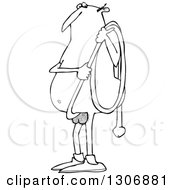 Cartoon Black And White Chubby Nude Man Carrying His Long Hose Penis