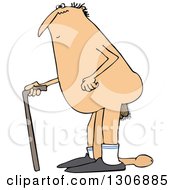 Cartoon Chubby Old Nude White Man Walking With A Cane And Dragging His Weiner