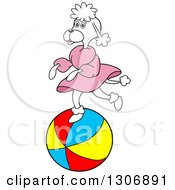 Cartoon White Poodle Wearing A Dress And Running On A Beach Ball