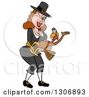 Clipart Of A Cartoon Winking Sexy Pilgrim Woman Holding A Turkey Bird Royalty Free Vector Illustration by LaffToon