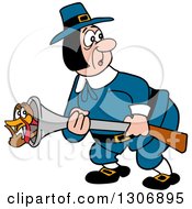 Clipart Of A Cartoon Turkey Bird Hiding In A Pilgrim Mans Musket Gun Royalty Free Vector Illustration