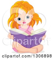 Cute Blue Eyed Strawberry Blond White Girl Sitting On The Floor And Reading A Big Book