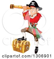Mad Male Pirate Captain Peering Through A Spyglass And Resting A Foot On A Treasure Chest