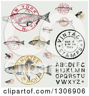 Vintage Fish Postmark Stamps And Alphabet Design Elements