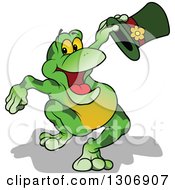 Poster, Art Print Of Cartoon Happy Presenting Green Frog Holding A Top Hat