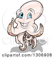 Poster, Art Print Of Cartoon Happy Blue Eyed Beige Colored Octopus