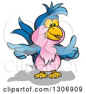 Poster, Art Print Of Cartoon Blue And Pink Parrot Holding Up A Finger And Pointing