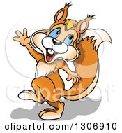 Clipart Of A Cartoon Happy Blue Eyed Squirrel Walking And Waving Royalty Free Vector Illustration