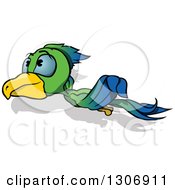 Poster, Art Print Of Cartoon Green And Blue Parrot Flying To The Left